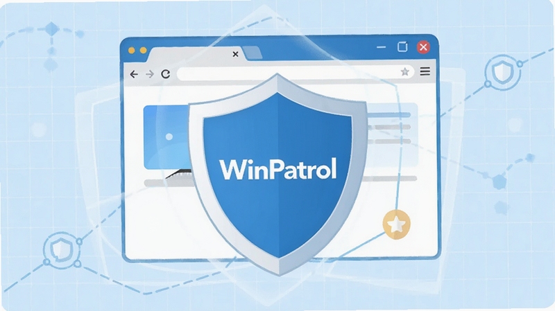 WinPatrol浏览器主页保护功能示意图,画面主体为盾牌图标与浏览器窗口的组合,盾牌上带有WinPatrol标志,背景为淡蓝色网格纹理,象征安全防护,整体简洁明快,适配Boogu模型生成