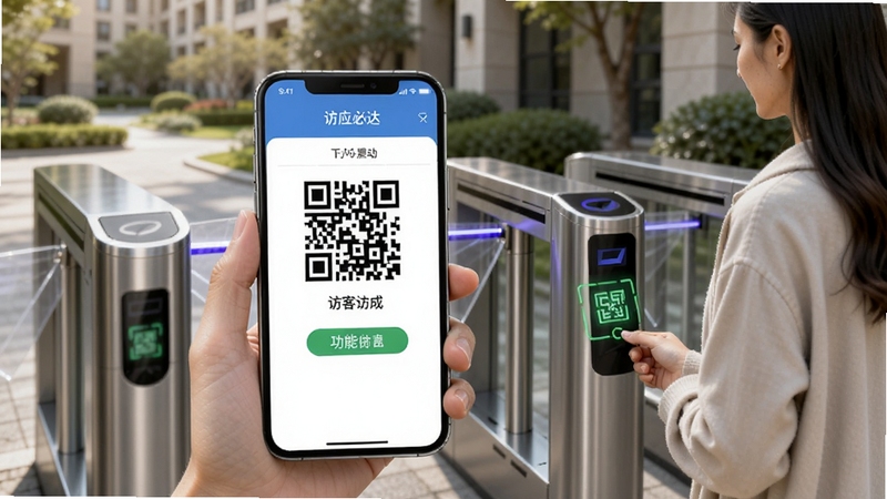一应必达访客通行功能示意图,手机屏幕显示访客二维码生成页面,背景为小区门禁闸机场景,一位访客正在扫码通行,画面明亮现代