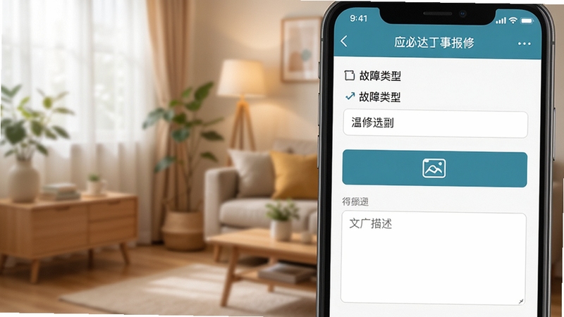 一应必达报事报修功能界面特写图,手机屏幕显示报修工单提交页面,包含故障类型选择、图片上传按钮和文字描述框,背景为温馨家居环境,画面风格简洁实用