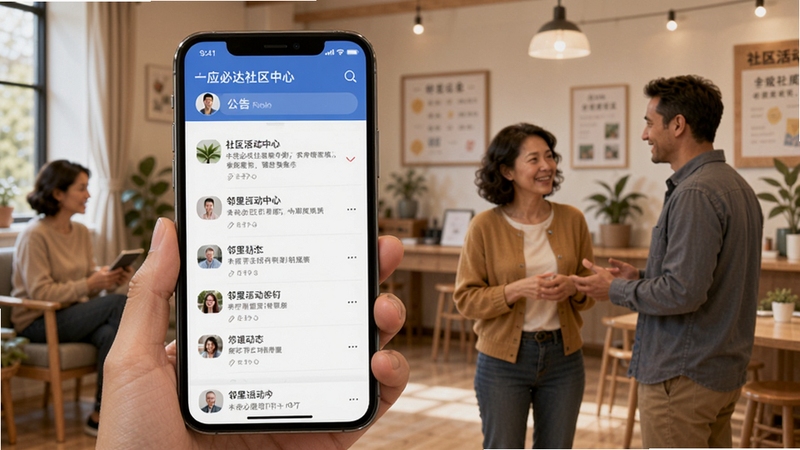 一应必达社区公告与邻里互动界面图,手机屏幕展示公告列表与邻里动态信息流,背景为社区活动中心场景,人物交谈氛围温馨