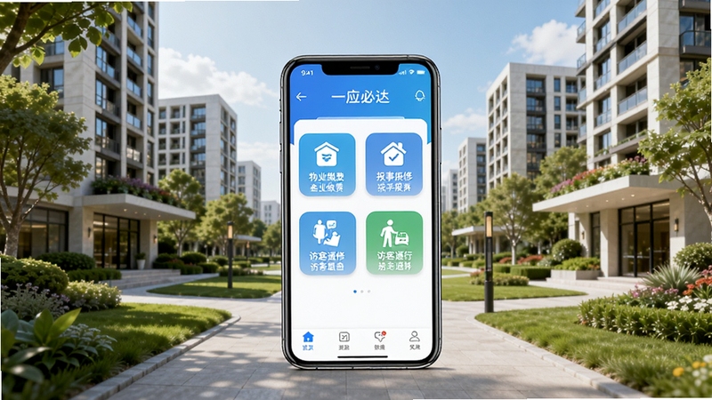 一应必达软件主界面全景展示图,画面中央为手机屏幕显示一应必达APP首页,包含物业缴费、报事报修、访客通行等核心功能图标,背景为现代化智慧社区楼宇与绿化环境,整体色调清新明亮,突出便捷社区服务主题