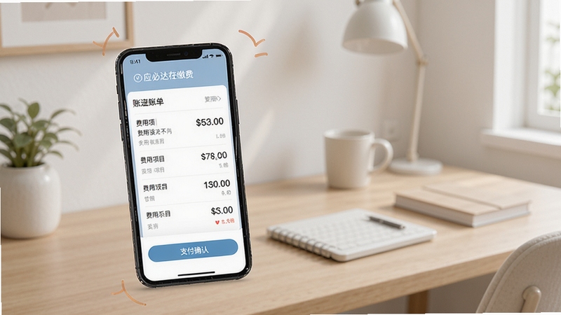 一应必达在线缴费功能展示图,手机屏幕呈现账单列表与支付确认页面,界面清晰展示费用项目与金额,背景为现代简约家居书桌场景,色调柔和
