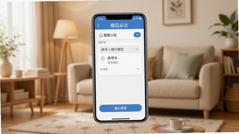 一应必达绑定小区操作流程图,手机屏幕显示搜索小区与房号绑定界面,背景为温馨居家环境,画面简洁明了