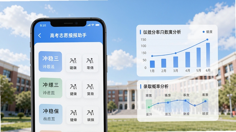 高考志愿填报助手智能推荐界面,手机屏幕显示冲稳保三档院校列表,旁边有数据图表和录取概率分析,背景为蓝天白云和校园建筑,风格清新简约