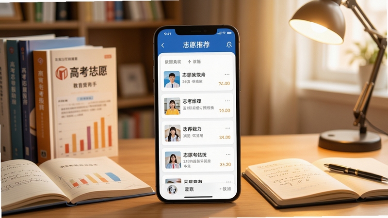 软件主界面展示高考志愿填报助手核心功能,画面中央为手机屏幕显示志愿推荐列表,背景为书房环境,有高考资料和笔记本,整体色调温暖明亮,体现科技感与教育关怀