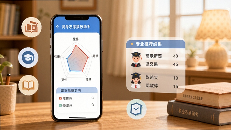 高考志愿填报助手职业测评功能界面,手机屏幕显示性格雷达图和专业推荐结果,周围有各种职业图标和书籍,背景为温馨的室内环境,色彩柔和