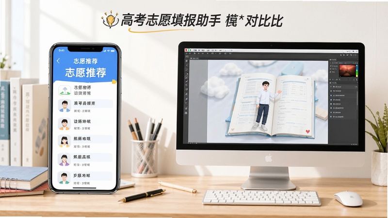 高考志愿填报助手在手机和电脑模拟器上的使用对比图,左侧手机显示志愿推荐,右侧电脑屏幕显示模拟器运行界面,背景为书桌和文具,风格简洁明快