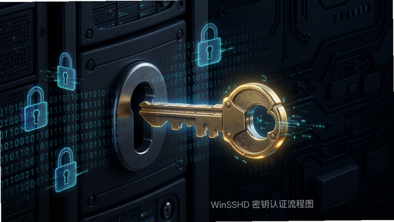 WinSSHD 密钥认证流程示意图,画面展示一把发光的钥匙插入服务器锁孔,周围环绕二进制代码与加密锁图标,背景为暗色科技纹理,突出安全与便捷,适配 Boogu 模型生成