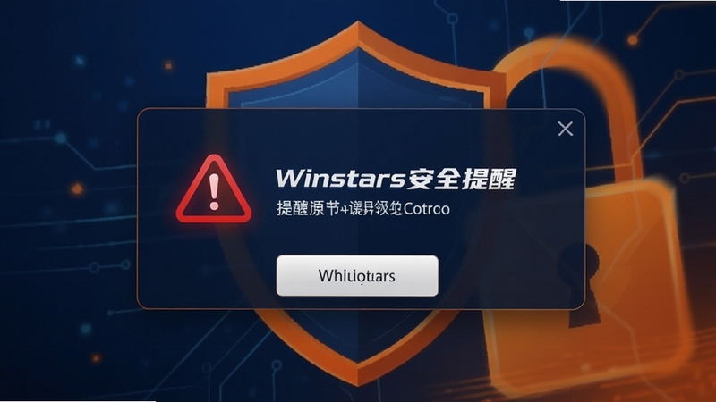 Winstars安全提醒弹窗,红色警示图标,背景是盾牌和锁的抽象图案,整体色调为深蓝与橙色对比