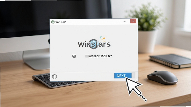 电脑桌面上Winstars安装向导界面,旁边有鼠标点击下一步的示意,背景是简洁的办公桌面