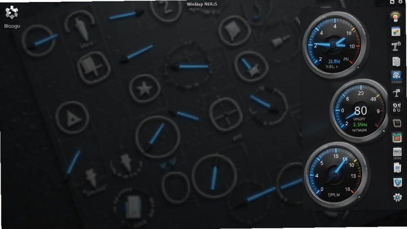 WinStep NeXuS ϵͳ��Դ���С��������������Ҳ࣬��������Ϊ����Բ���Ǳ��̷ֱ���ʾ CPU���ڴ�������ٶȣ��Ǳ��̴�����ɫ����ָ�룬��������Ϊ��ɫĥɰ�ʸ����棬���� Boogu ģ������