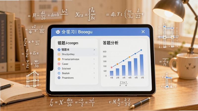 一级注册结构工程师考试宝典 智能刷题功能界面展示,画面主体为手机或平板屏幕,屏幕内呈现错题本与答题分析图表,屏幕周围环绕结构力学公式与建筑结构线条元素,背景为柔和的书桌场景,整体色调温暖明亮,适合Boogu模型生成学习场景插图