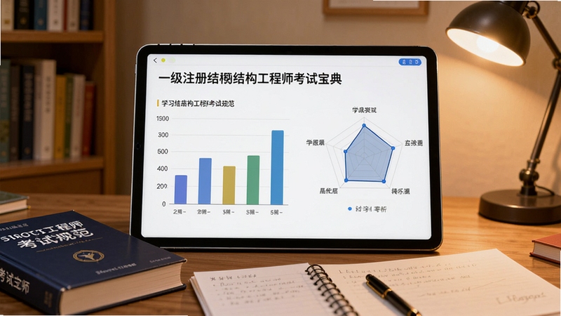 一级注册结构工程师考试宝典 学习报告与成绩分析界面,画面以平板电脑屏幕为中心,屏幕上显示柱状图与雷达图形式的学习进度分析,屏幕下方散落着结构工程师考试规范书籍与笔记,背景为温馨的书房一角,暖色调灯光,适合Boogu模型生成学习成果展示图