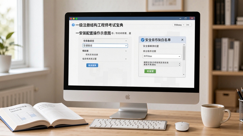 一级注册结构工程师考试宝典 安装配置操作示意图,画面以电脑屏幕为主体,屏幕中清晰展示安装路径选择界面与安全软件白名单设置步骤,屏幕旁放置一本翻开的规范教材与一杯咖啡,整体场景为整洁的办公桌面,光线柔和自然,适合Boogu模型生成教程类配图
