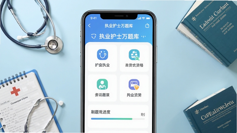 画面中央位置放置一部智能手机,屏幕显示执业护士万题库应用主界面,界面中有护士执业资格考试题库分类图标和刷题进度条,背景区域为柔和的浅蓝色渐变,周围点缀听诊器、护理记录本和医学书籍等元素,整体风格简洁专业,适合软件下载站展示,分辨率1080x720,高清画质