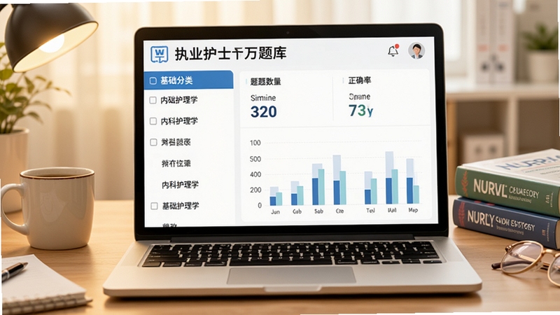 画面中心是一台打开的笔记本电脑,屏幕上呈现执业护士万题库的题库分类界面,左侧列表显示基础护理学、内科护理学等科目名称,右侧展示题目数量和正确率统计图表,背景区域为整洁的书桌环境,桌面上有咖啡杯和护理学教材,整体色调温暖明亮,突出学习氛围,适合教育软件宣传图使用