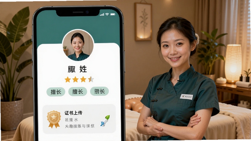 趣按摩技师版 个人资料页面 手机屏幕显示技师头像、姓名、评分星级、擅长标签 下方有证书上传区域 界面采用卡片式布局 背景为温馨的按摩房间环境 有绿植和柔和灯光 体现专业与亲和力 适配Boogu模型生成