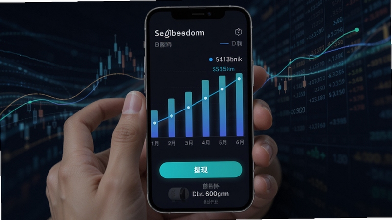 趣按摩技师版 收入统计图表 手机屏幕展示柱状图与折线图 显示每日收入变化 下方有提现按钮和账户余额 界面配色为深色模式 数字以亮色高亮显示 背景为抽象的金融数据流线条 体现数据可视化与财务管理 适配Boogu模型生成
