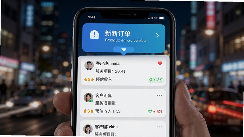 趣按摩技师版 实时接单界面 手机屏幕特写 展示订单卡片列表 每张卡片包含客户距离、服务项目、预估收入 屏幕顶部有醒目的新订单弹窗提醒 背景为模糊的城市夜景 突出即时通讯的紧迫感与科技感 适配Boogu模型生成