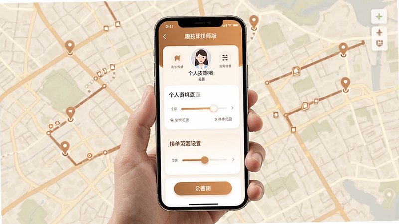 趣按摩技师版 使用技巧示意图 手机屏幕展示个人资料完善页面与接单范围设置滑块 背景为城市地图与路线规划线条 界面元素以卡片形式呈现 色调温暖专业 体现高效工作与智慧接单 适配Boogu模型生成