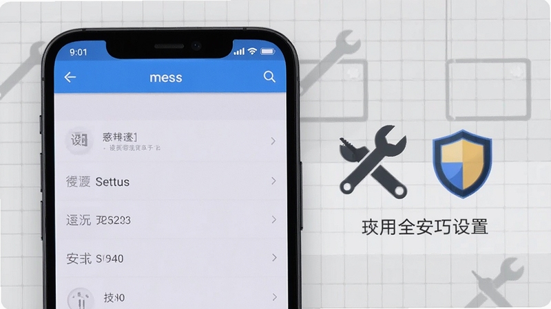 手机屏幕显示mess设置界面,旁边有扳手和盾牌图标,背景是浅灰色网格,体现使用技巧与安全设置