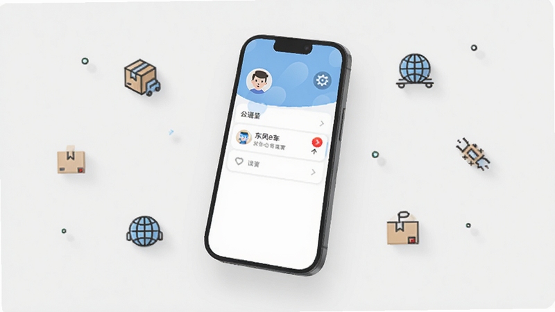东风e车个人中心与消息通知界面示意图,手机屏幕悬浮在浅灰色背景中,屏幕内展示头像、设置图标与消息红点,周围点缀简约的物流元素图标,风格干净现代