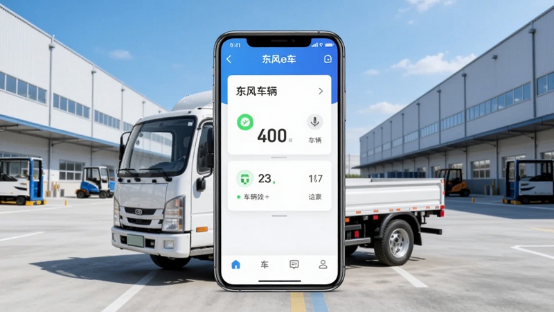 东风e车手机端车辆管理界面展示,一辆白色轻型卡车停在现代化物流园区内,背景是整洁的仓储建筑与蓝色天空,画面中央突出手机屏幕上的车辆状态卡片,整体风格明亮清晰,适合软件下载站配图
