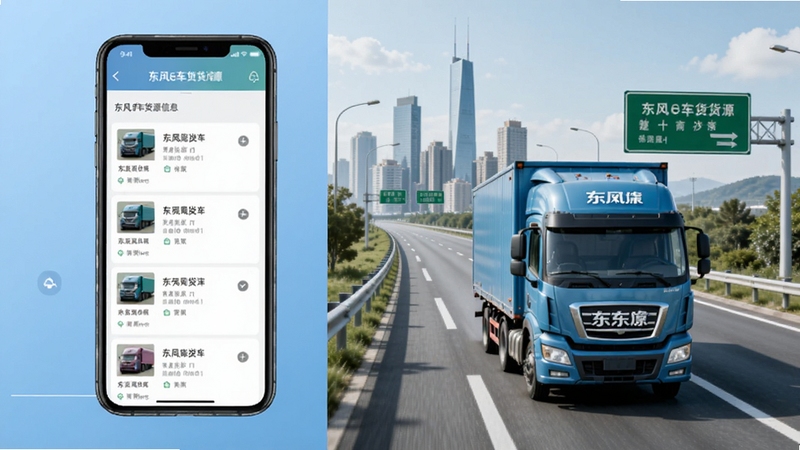 东风e车货源信息页面模拟图,画面左侧为手机屏幕展示货源列表,右侧为高速公路上的东风品牌货车行驶场景,远景有城市楼群与绿色路牌,整体色调清爽自然,体现物流运输主题