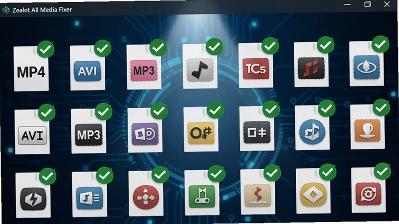 ����չʾZealot All Media Fixer����������һ���Ų�ͬ��ʽ��ý���ļ�ͼ�꣬����MP4��AVI��MP3�ȣ���Щͼ���������룬ÿ��ͼ���Ϸ���һ����ɫ���޸���ɱ�ǣ�����Ϊ����ɫ����Ƽ��б���������������һ������Ϸ����£���������רҵ��ͻ����ʽ���ݹ㷺������