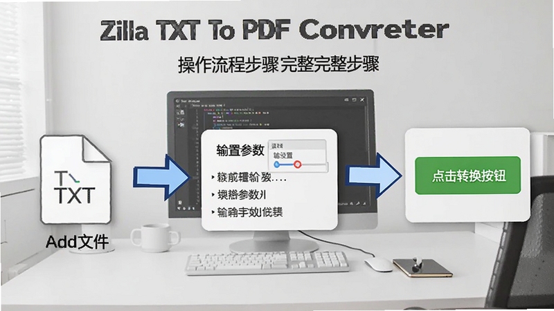 Zilla TXT To PDF Converter��������ͼ��չʾ������TXT�ļ�������������������ת����ť���������裬�����ע���������м�ͷָ��������Ϊǳ��ɫ�칫�������ʺϽ̳���ͼ��