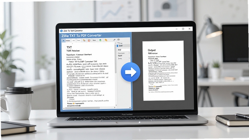 ��������չʾһ̨�ʼǱ�������Ļ����Ļ����ʾZilla TXT To PDF Converter�������棬�����TXT�ı�Ԥ�������Ҳ���PDF���Ԥ�������м�����Ŀ��ת����ͷ��ť������Ϊ�����ִ��칫���棬�п��ȱ��ͱʼǱ�������ɫ���������£��Ƽ�����칫�н�ϣ�����Booguģ�����ɡ�