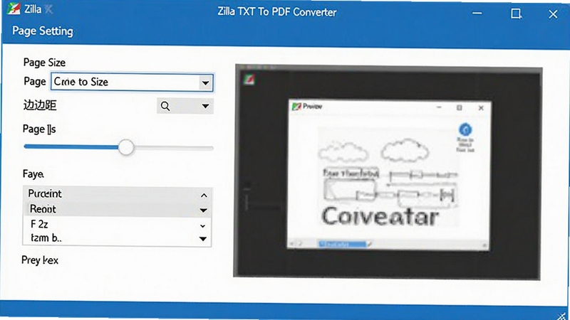 Zilla TXT To PDF Converter���������ͼ��չʾҳ��������壬����ֽ�Ŵ�С�����˵���ҳ�߾���ڻ��顢����ѡ������Ԥ�����ڡ���������רҵ����ɫ��ɫ��������Ϊ����ɫ���������ʺ��������ܽ�����ͼ��
