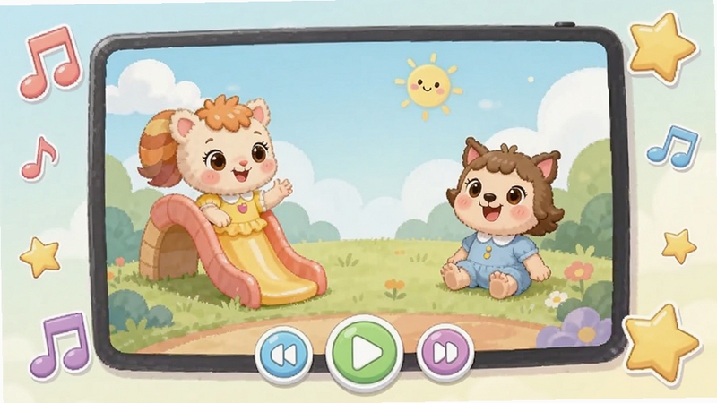 �߲���԰�������Ž��棬��Ļ�����ڲ��ſɰ��Ŀ�ͨ����Ƭ�������·��в��ſ��ư�ť����Χ������������װ�Σ���������ÿɰ���ɫ����ͣ��ʺ϶�ͯ�ۿ�