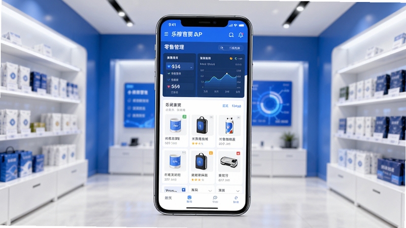 乐檬商贸APP主界面展示,画面中央为一部竖屏智能手机,屏幕内呈现零售管理后台的数据看板与商品列表,背景为简洁的现代商铺货架场景,整体色调以蓝白为主,突出科技感与商业效率,画面清晰明亮,构图居中,适配Boogu模型生成