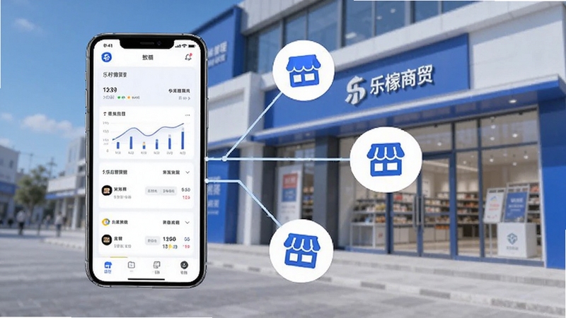 乐檬商贸APP多门店管理场景,画面展示一部手机连接多个店铺图标,屏幕中呈现多店数据汇总界面,背景为现代连锁店铺外观,风格简洁大气,蓝白配色,适配Boogu模型生成