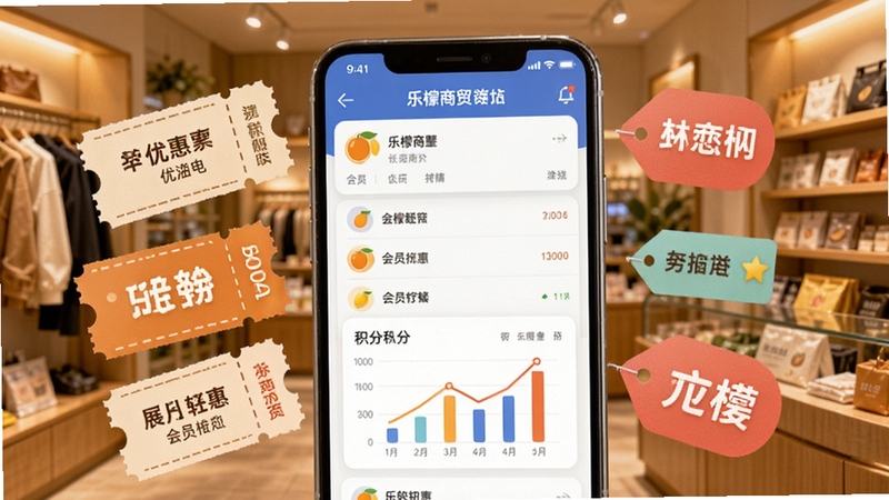 乐檬商贸APP会员管理功能展示,画面为手机屏幕上的会员列表与积分图表,周围环绕着优惠券与促销标签的视觉元素,背景为温馨的零售店铺环境,色调温暖柔和,适配Boogu模型生成