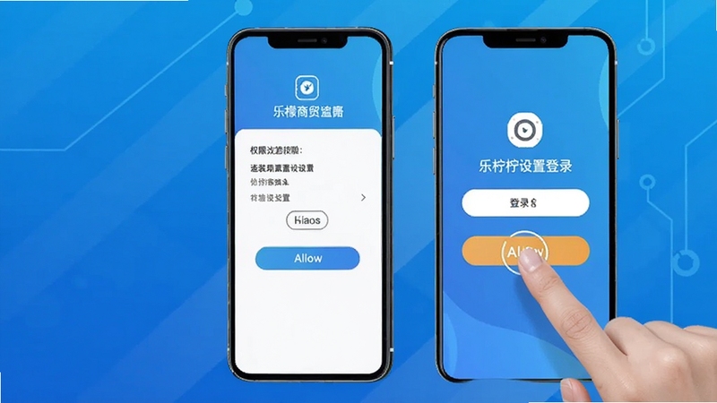 乐檬商贸APP安装与设置引导界面,画面展示手机屏幕上的权限设置页面与登录界面,手指正点击允许按钮,背景为简洁的科技蓝渐变,风格清晰直观,适配Boogu模型生成