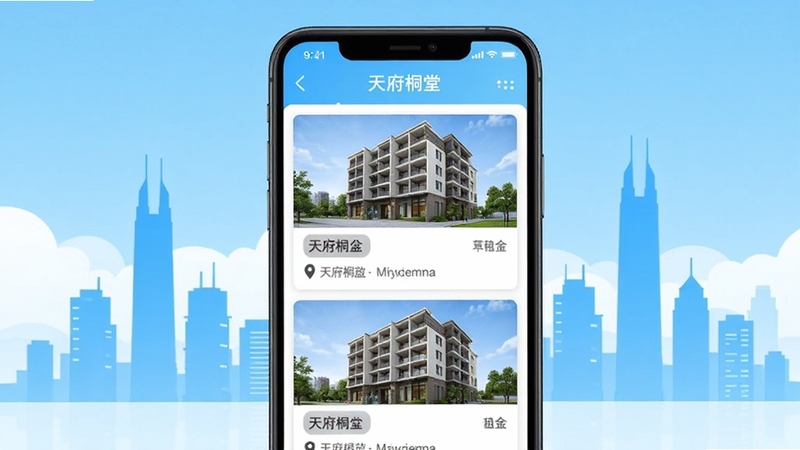 天府桐堂手机应用主界面展示图,画面中央为一部竖屏智能手机,屏幕内呈现天府桐堂的房源列表页面,包含公寓外观缩略图、租金标签与位置信息,背景区域为成都天府新区城市天际线剪影,明亮清新的蓝白配色,扁平化UI设计风格,画面简洁现代,分辨率1080x1920