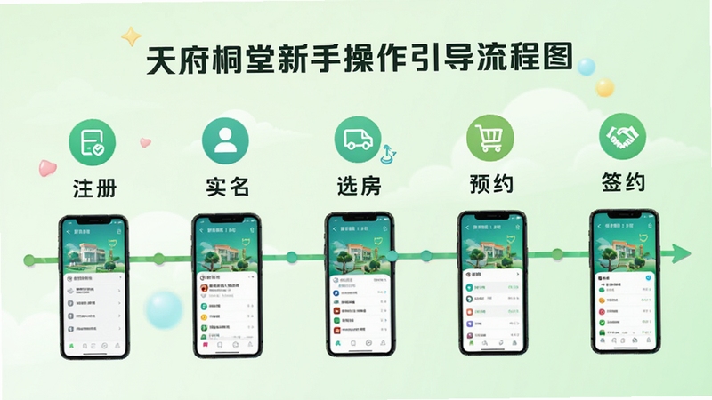 天府桐堂新手操作引导流程图,画面以横向时间轴形式展示注册、实名、选房、预约、签约五个步骤,每个步骤配有简洁图标与手机界面缩略图,背景为浅绿色渐变,整体风格清新明快,适合作为教程配图