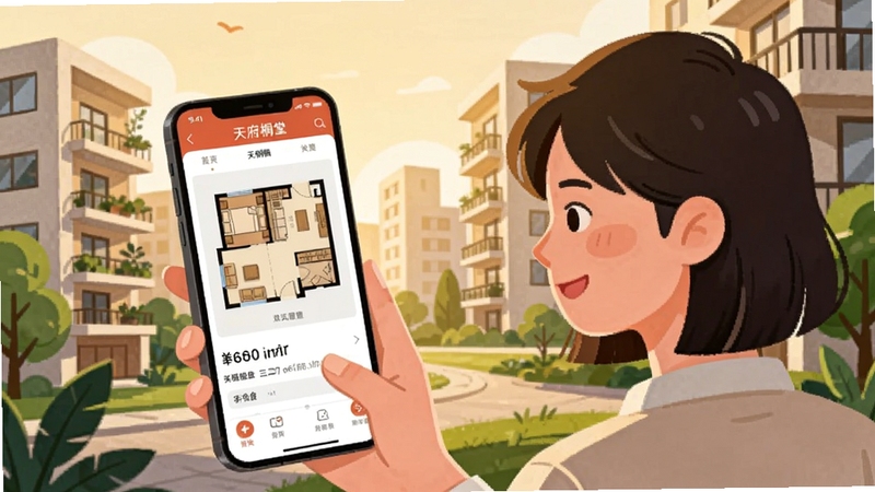 天府桐堂应用内房源详情页截图风格插画,画面主体为一名年轻用户手持手机浏览天府桐堂APP,手机屏幕上显示三居室户型图与租金价格,背景为现代公寓楼群与绿植景观,暖色调光线,生活气息浓厚,扁平插画风格,细节丰富