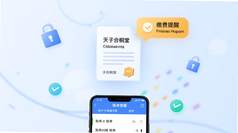 天府桐堂电子合同与账单管理界面概念图,画面中央为悬浮的电子合同文档图标与缴费提醒气泡,下方为手机屏幕展示账单列表,背景为柔和的浅蓝色渐变,点缀锁形安全图标与对勾标志,体现安全便捷的数字化管理