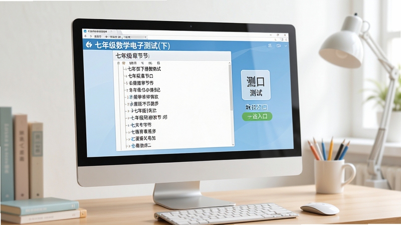 七年级数学电子测试(下)软件主界面展示教材同步章节列表与测试入口,画面主体为打开的电脑屏幕,屏幕中呈现七年级下册数学目录结构,背景为整洁的书桌环境,光线明亮柔和,整体风格清新简约,适合教育类软件宣传图
