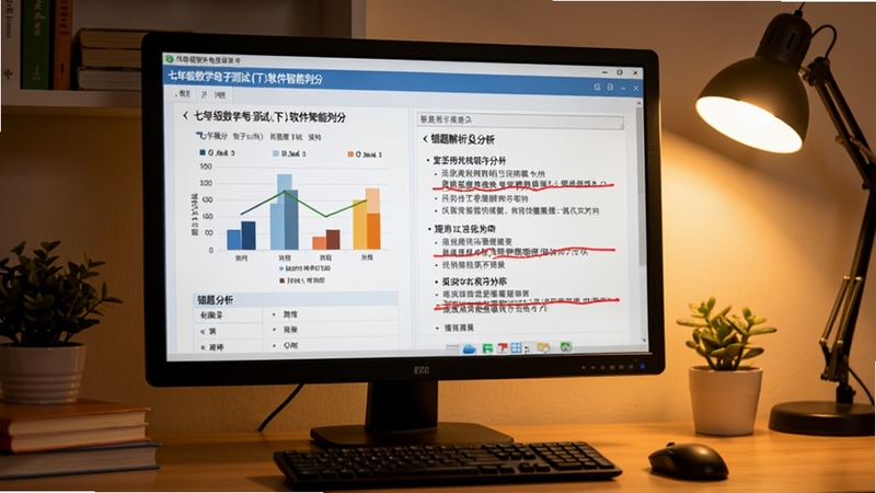 七年级数学电子测试(下)软件智能判分界面截图,画面主体为电脑屏幕显示成绩报告与错题解析页面,屏幕中可见分数统计图表和红色标注的错题分析,背景为家庭学习角落,暖色调灯光,整体氛围安静专注,突出学习工具的实用感