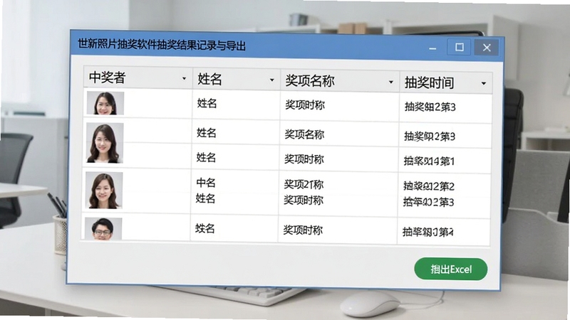 ������Ƭ�齱�����齱�����¼�뵼�����棬����չʾһ�����񴰿ڣ������������н���ͷ���������������ƺͳ齱ʱ�䣬�������½��е���Excel��ť�����������רҵ������Ϊǳ��ɫ�칫����