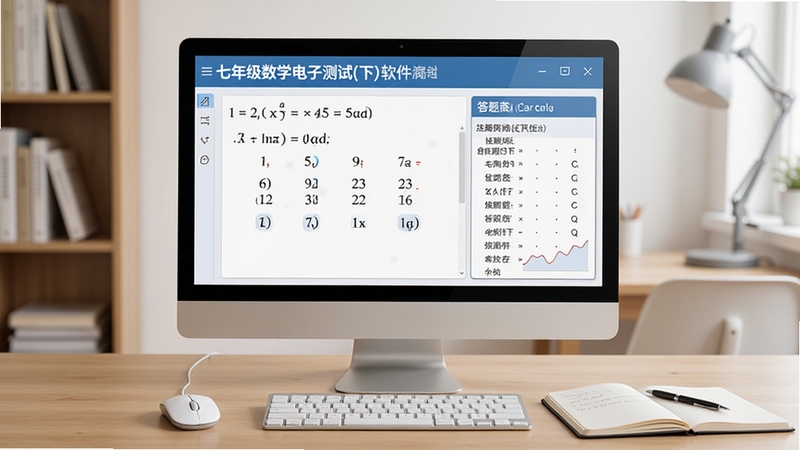 七年级数学电子测试(下)软件答题界面操作示意图,画面主体为电脑屏幕显示数学选择题与答题卡区域,屏幕旁有鼠标和笔记本,背景为书房环境,光线均匀,整体风格干净利落,突出电子测试的便捷性