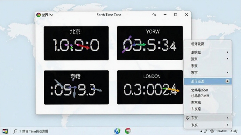 ����ʱ��(Earth time zone)�����ڵ��������ϵ����н�ͼ����������ʾ������ŦԼ���׶ء������ĸ����е�ʱ�䣬�����������Ա������ò˵�չ�������廭����������