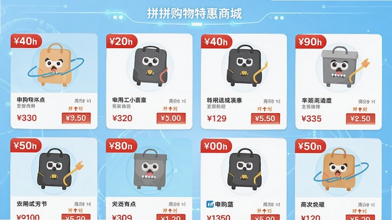 拼拼购物特惠商城界面中显示多个电商平台的商品卡片整齐排列,每张卡片带有折扣标签和价格对比,背景为淡蓝色科技感光晕,扁平化插画风格,色彩明快