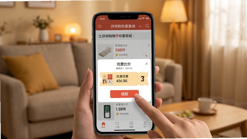 拼拼购物特惠商城手机界面展示商品比价与优惠券弹窗,用户手指正在点击领取按钮,背景为温馨的居家环境,暖色调,生活化场景摄影风格