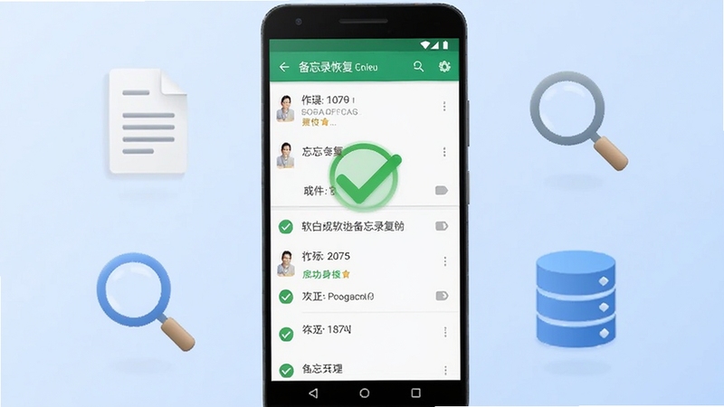 软件名称备忘录恢复,画面主体为一台安卓手机屏幕中央显示备忘录列表成功恢复的绿色对勾图标,背景区域为柔和的浅蓝色渐变,周围环绕着文档、放大镜和数据库符号,整体风格简洁科技感,适配Boogu模型生成