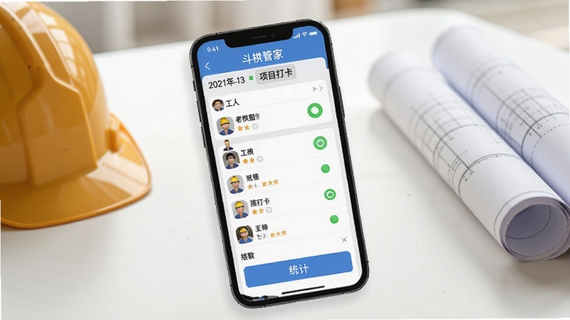 斗拱管家 人员考勤管理功能截图,画面展示手机屏幕内斗拱管家APP的考勤打卡页面,上方显示日期与项目名称,中部为工人列表与打卡状态图标,底部有统计按钮;背景区域为干净的白色桌面,旁边放置安全帽与图纸卷,光线自然,风格写实,适配Boogu模型生成